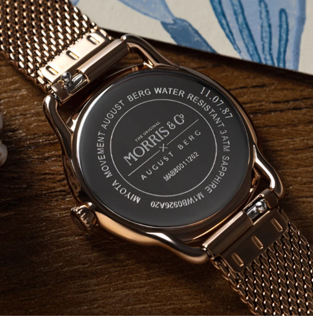 Rose gold August Berg x Morris & Co. watch caseback with personal engraving