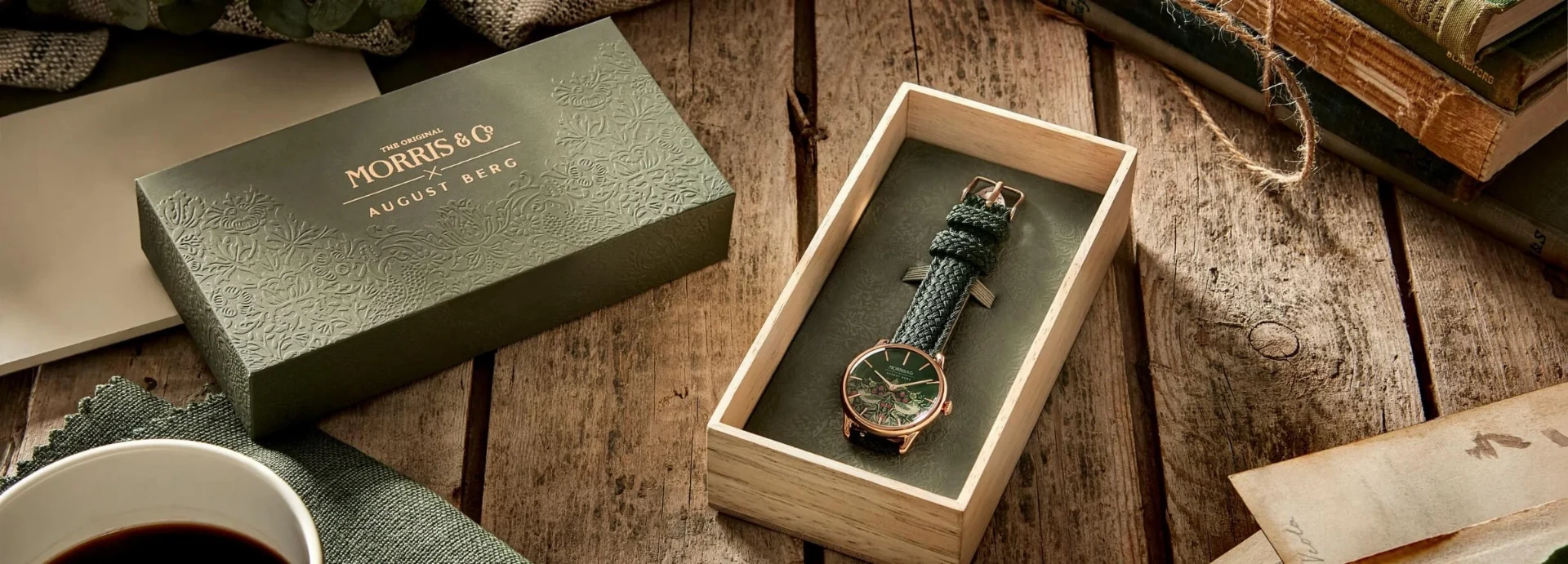 Morris & Co. Strawberry Thief watch with green braided strap on floral pattern
